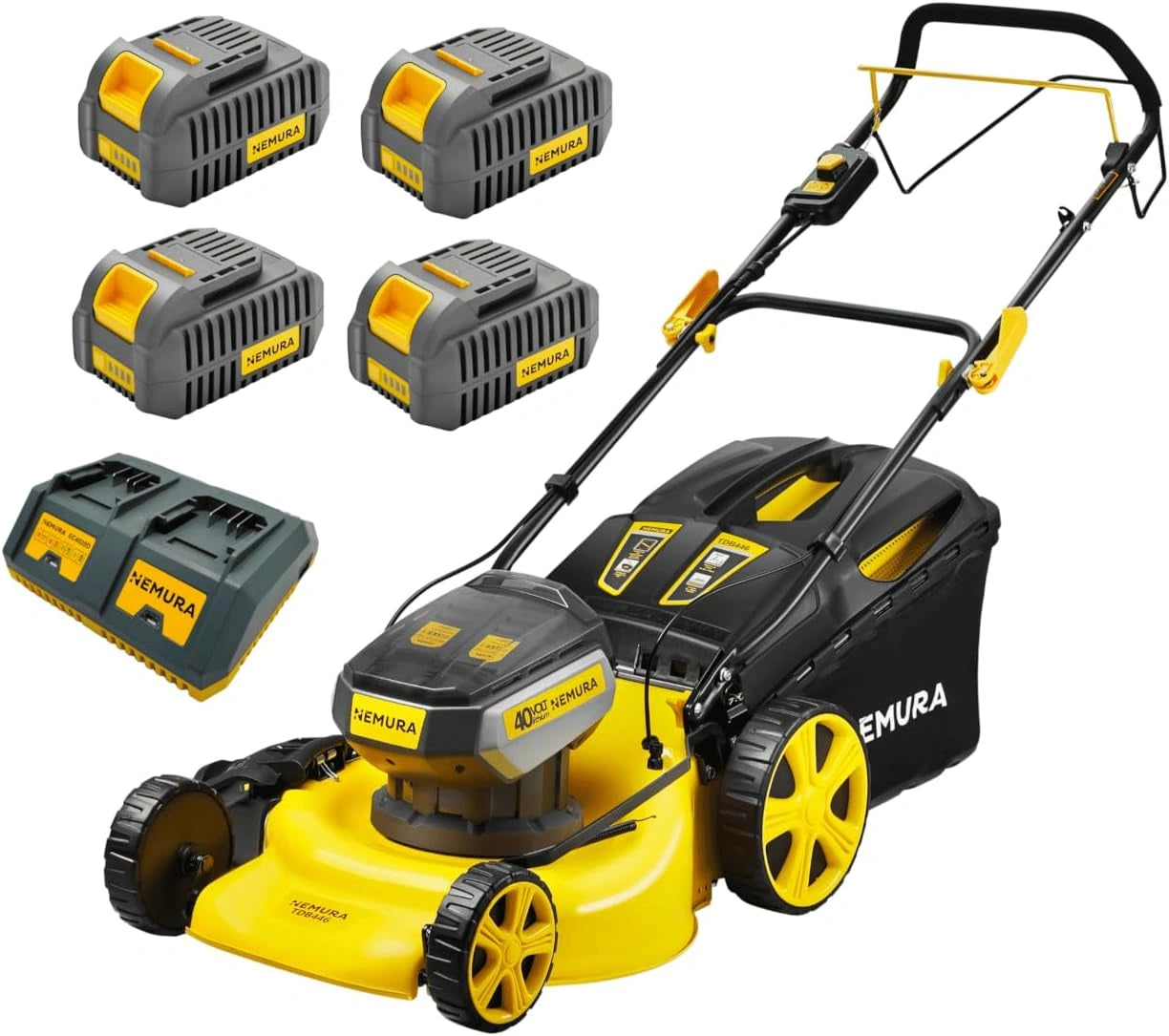 Tondeuse ¨¤ Gazon Sans Fil 80 V avec Mulching - Largeur de Coupe 46 cm - Surface Jusqu'¨¤ 1000 m2 - Inclut 4 Batteries 4Ah et Chargeur Double