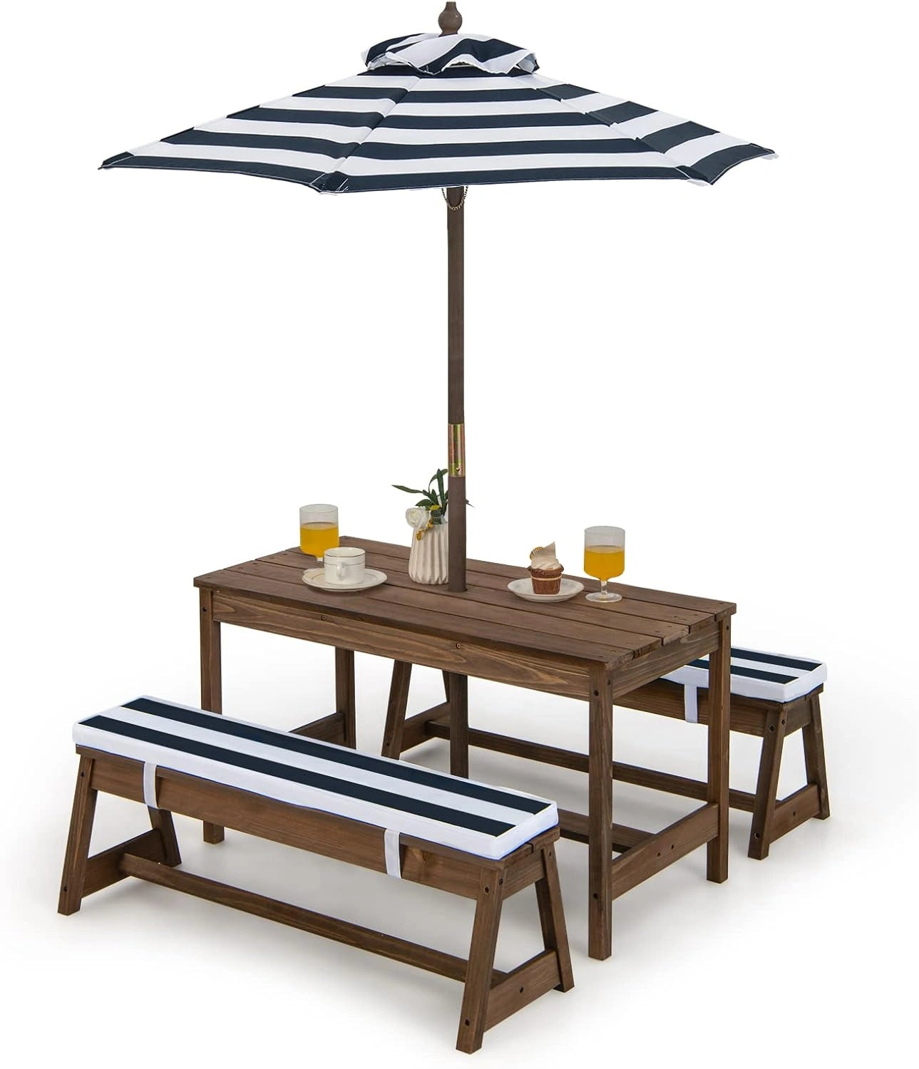 Table de Jardin pour Enfants avec Parasol R¨¦glable et Coussins - Bois, 89 x 44 x 50 cm (Bleu)