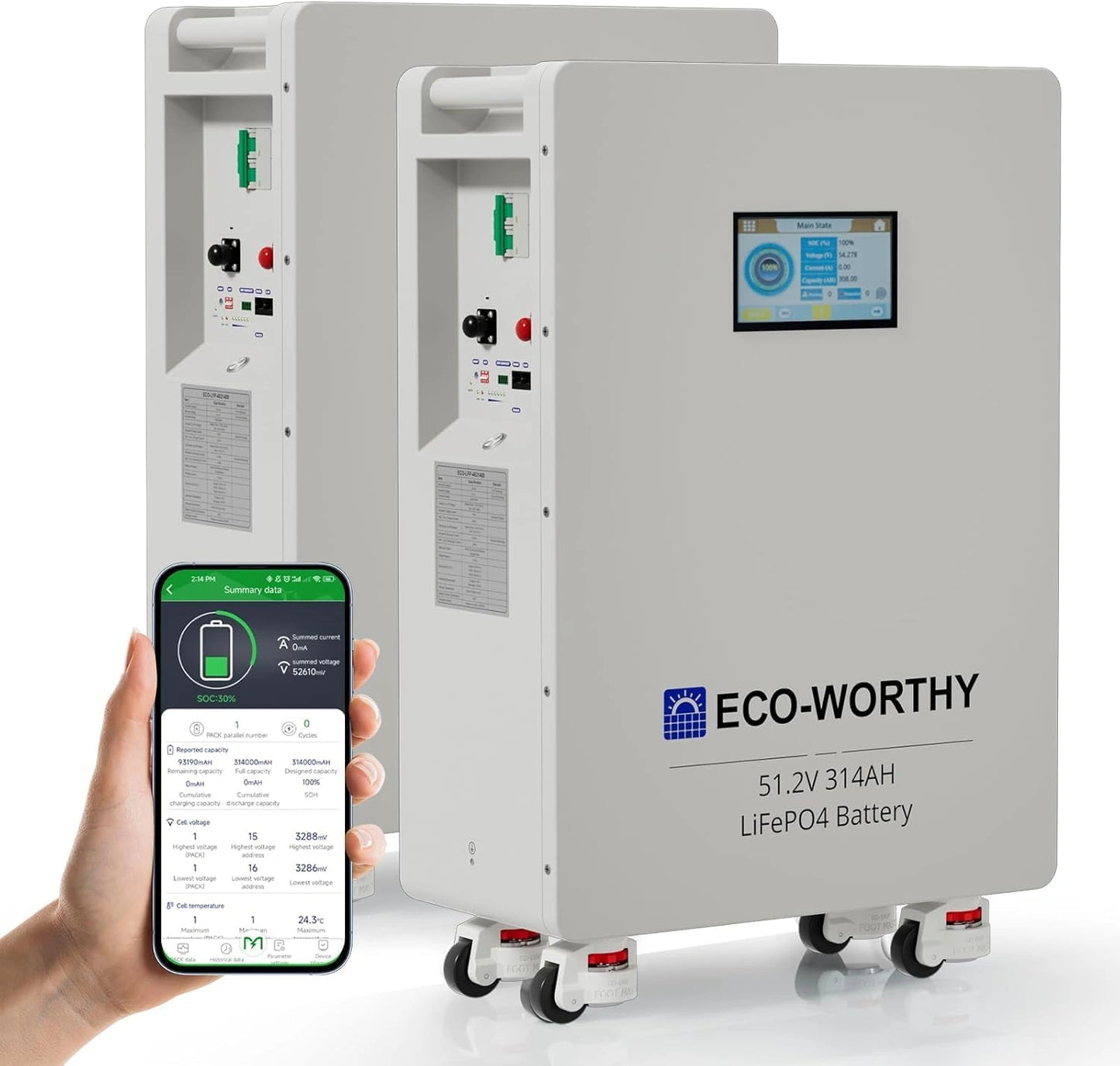 ECO-WORTHY Batterie Lithium 48V 314Ah, Stockage ¨¦nergie 32,2 kWh avec BMS 200A et Connectivit¨¦ Bluetooth/WLAN