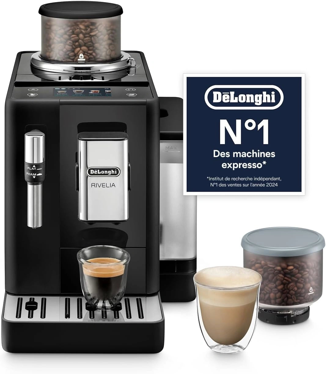 Machine ¨¤ Caf¨¦ Automatique De¡¯Longhi Rivelia avec Mousseur, 8 Boissons Pr¨¦programm¨¦es, ¨¦cran Tactile, R¨¦servoir de Grains Interchangeable, Noire