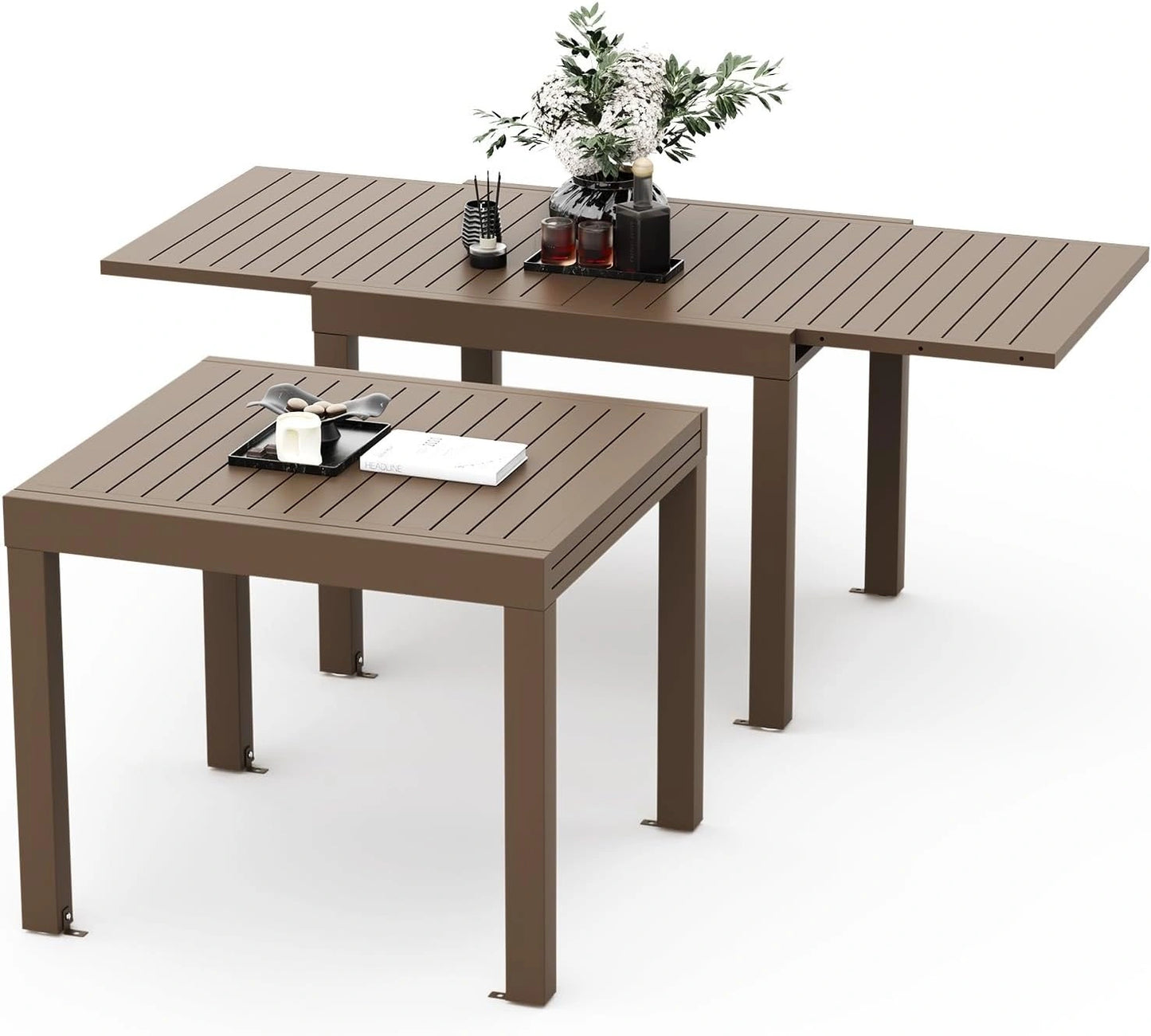 Table de Jardin Extensible en Aluminium, R¨¦sistante aux Intemp¨¦ries, 80/160 x 80 x 75 cm, Marron, Pour Balcon