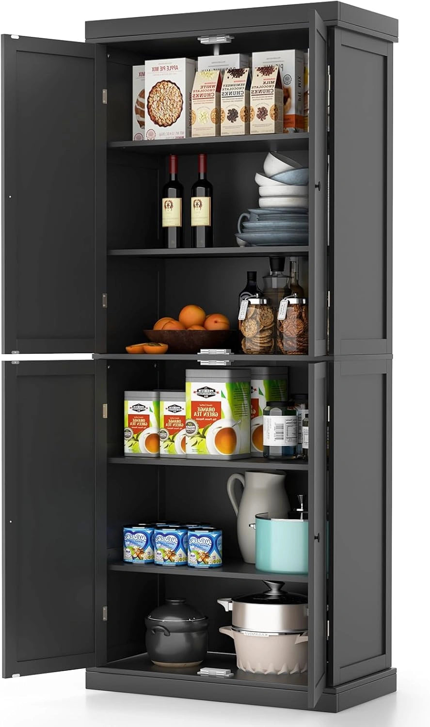 Buffet de Cuisine Moderne 4 Portes avec Armoire ¨¤ 6 Niveaux et ¨¦tag¨¨res R¨¦glables, 76 x 40 x 184,5 cm - Noir