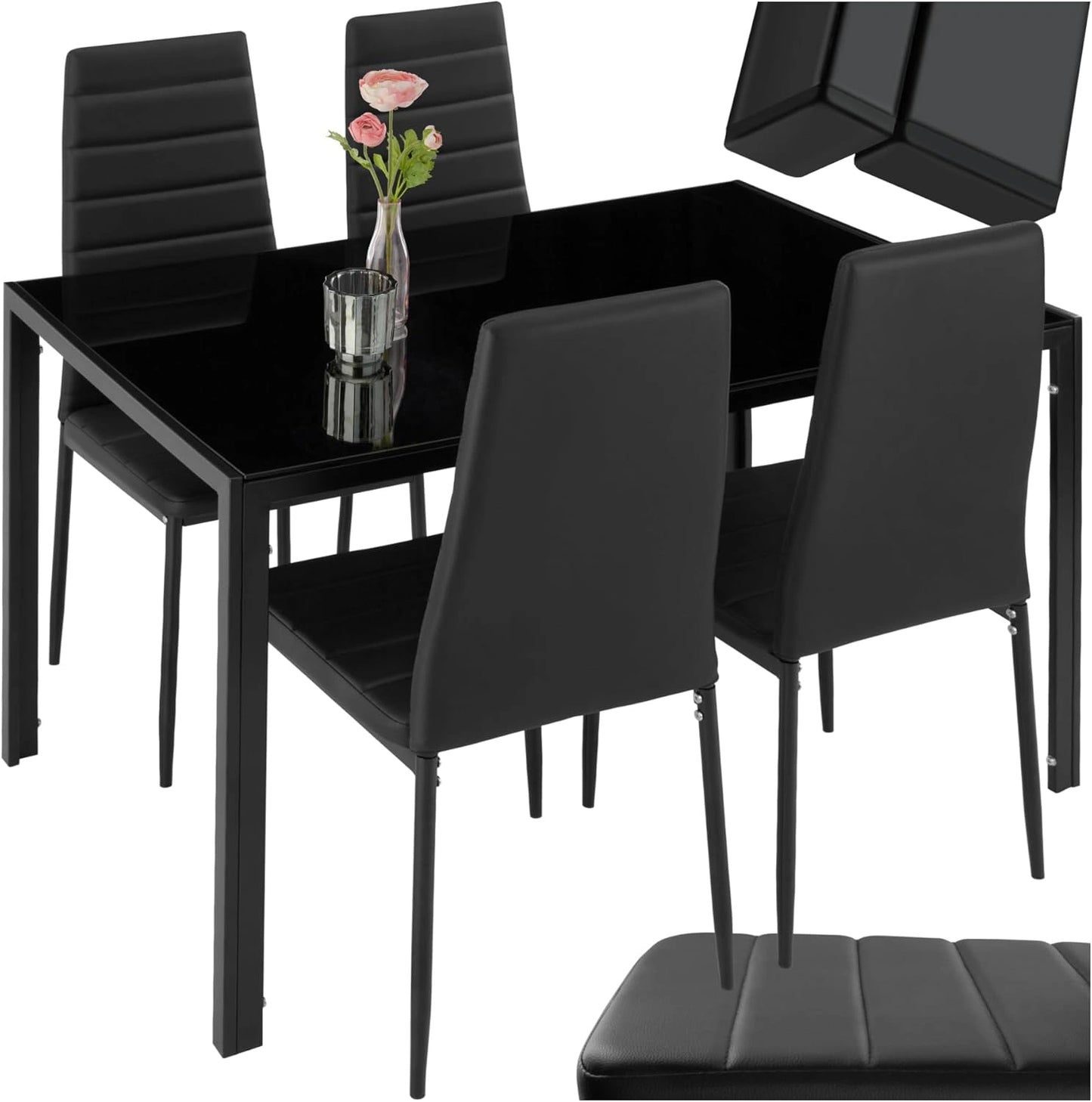 Ensemble de Salle ¨¤ Manger avec Table en Verre et 4 Chaises en Cuir Synth¨¦tique ¨C Noir