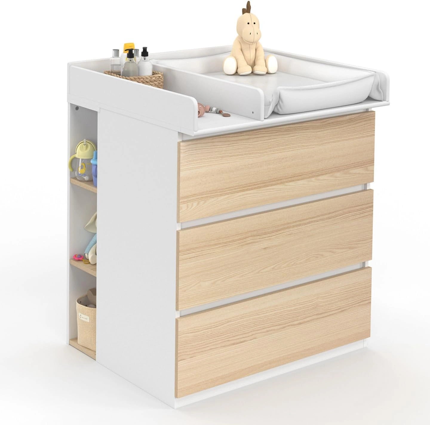 Table ¨¤ Langer ¨¦volutive Ambre avec Commode 3 Tiroirs et ¨¦tag¨¨res Amovibles - Finition H¨ºtre et Blanc