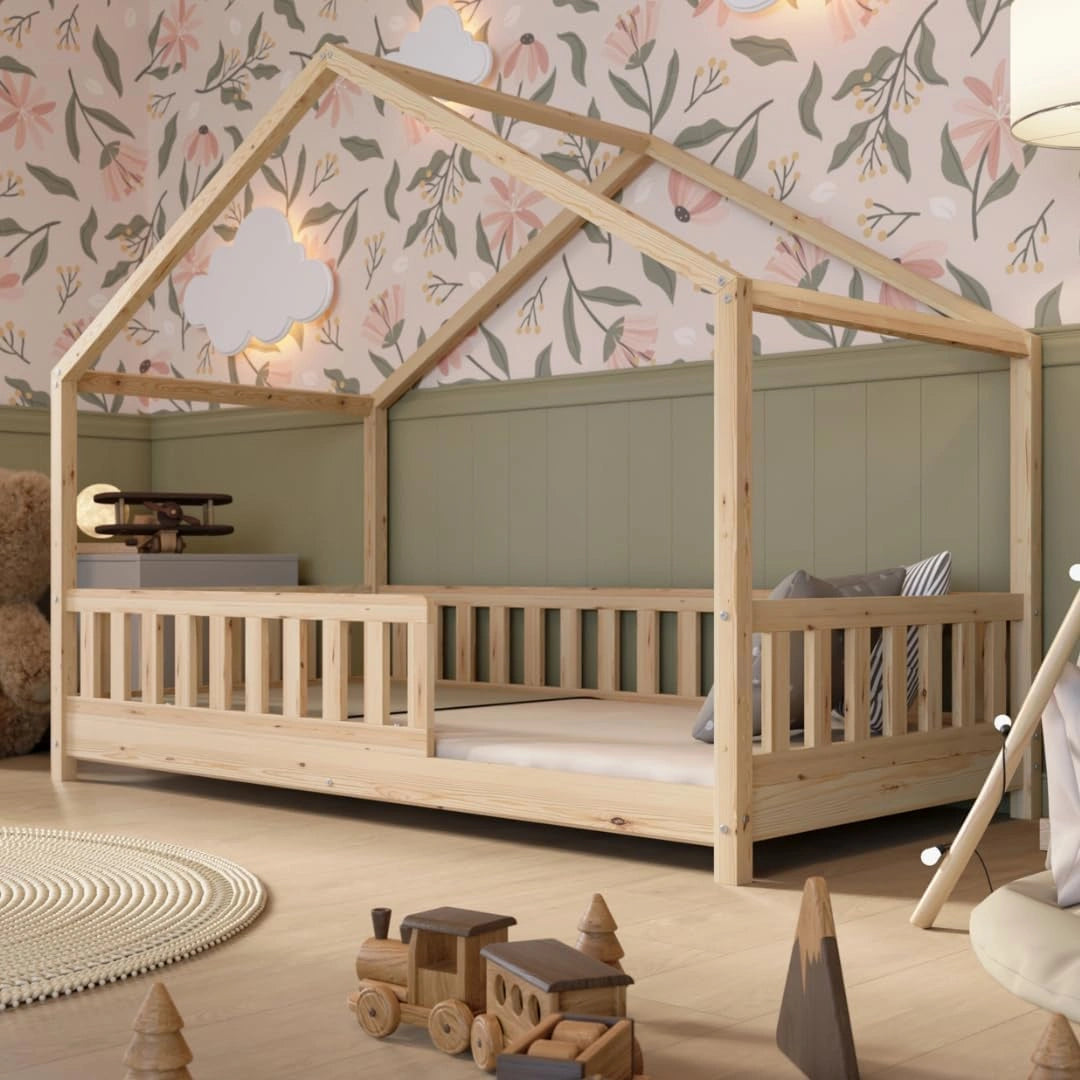 Lit pour Enfant en Bois Naturel 90x190 cm avec Barri¨¨re Amovible et Pieds R¨¦glables
