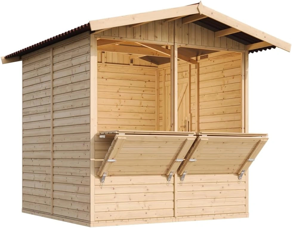 Cabane de Jardin en Bois TIMBELA M149 - ¨¦tal de March¨¦ Multifonctionnel avec Comptoir, 4 m2, Montage Facile, Dimensions 253x263x232 cm