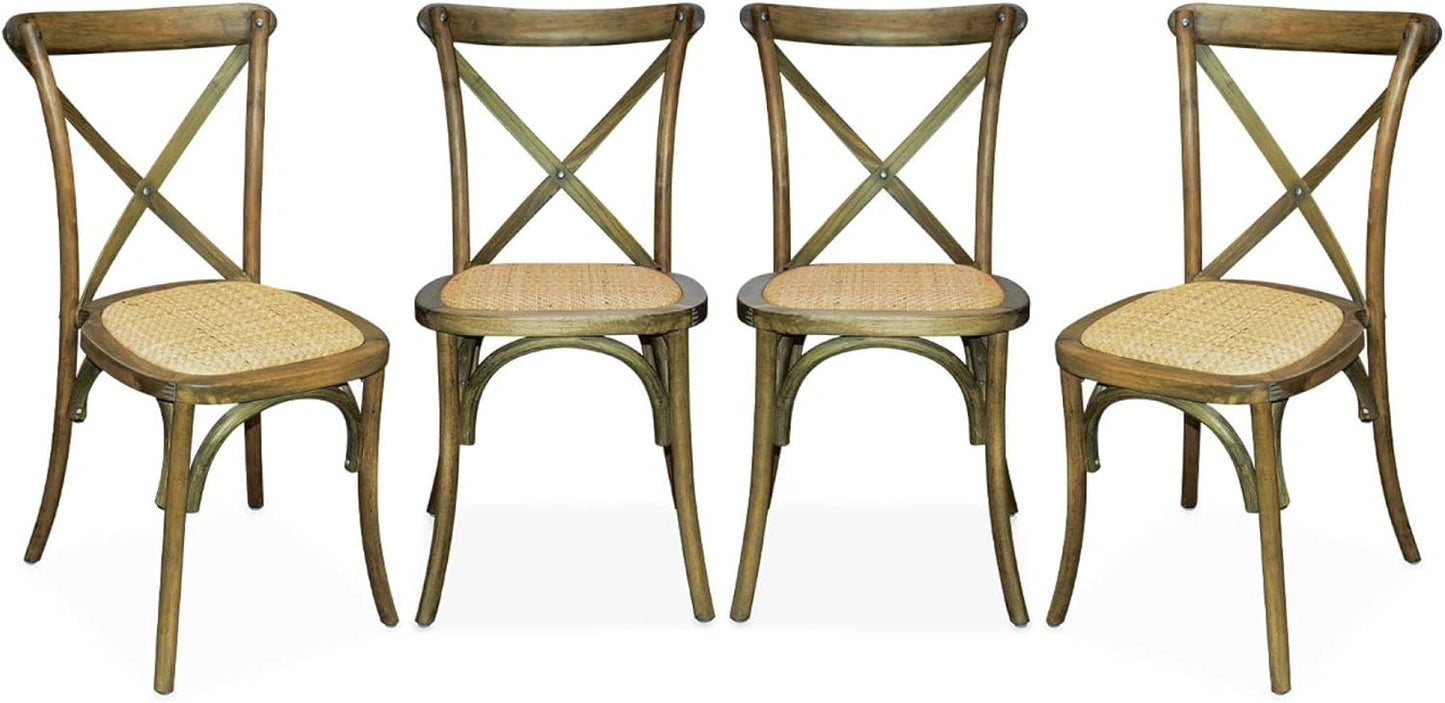 Ensemble de 4 chaises de bistrot vintage en bois d'h¨¦v¨¦a avec assise en rotin, marron vieilli, empilables