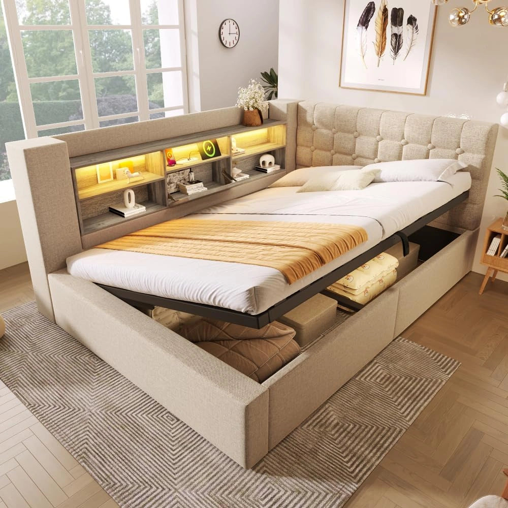 Lit coffre 140x190 en lin beige avec LED et rangement int¨¦gr¨¦, t¨ºte de lit en L, sommier ¨¤ lattes inclus