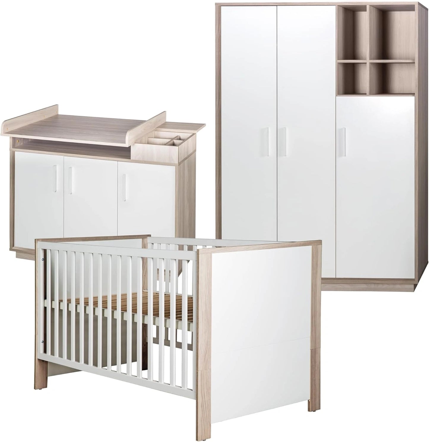 Ensemble de Chambre B¨¦b¨¦ Olaf avec Lit ¨¦volutif, Commode et Armoire - Blanc et Bois
