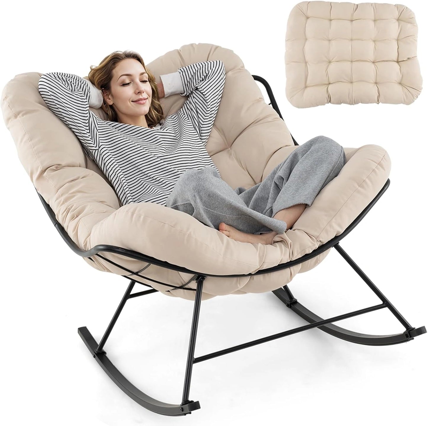 Fauteuil ¨¤ Bascule Papasan Int¨¦rieur Ext¨¦rieur avec Coussin Beige 205KG