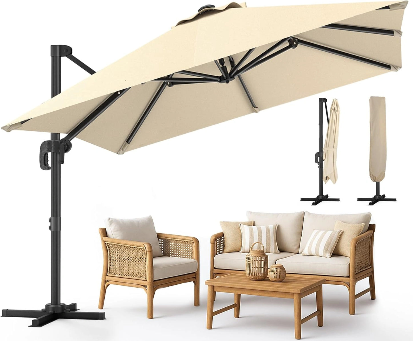 Parasol de Jardin D¨¦port¨¦ 3x3M, Inclinable 360¡ã avec Housse, Beige Fonc¨¦, Anti-UV et Imperm¨¦able