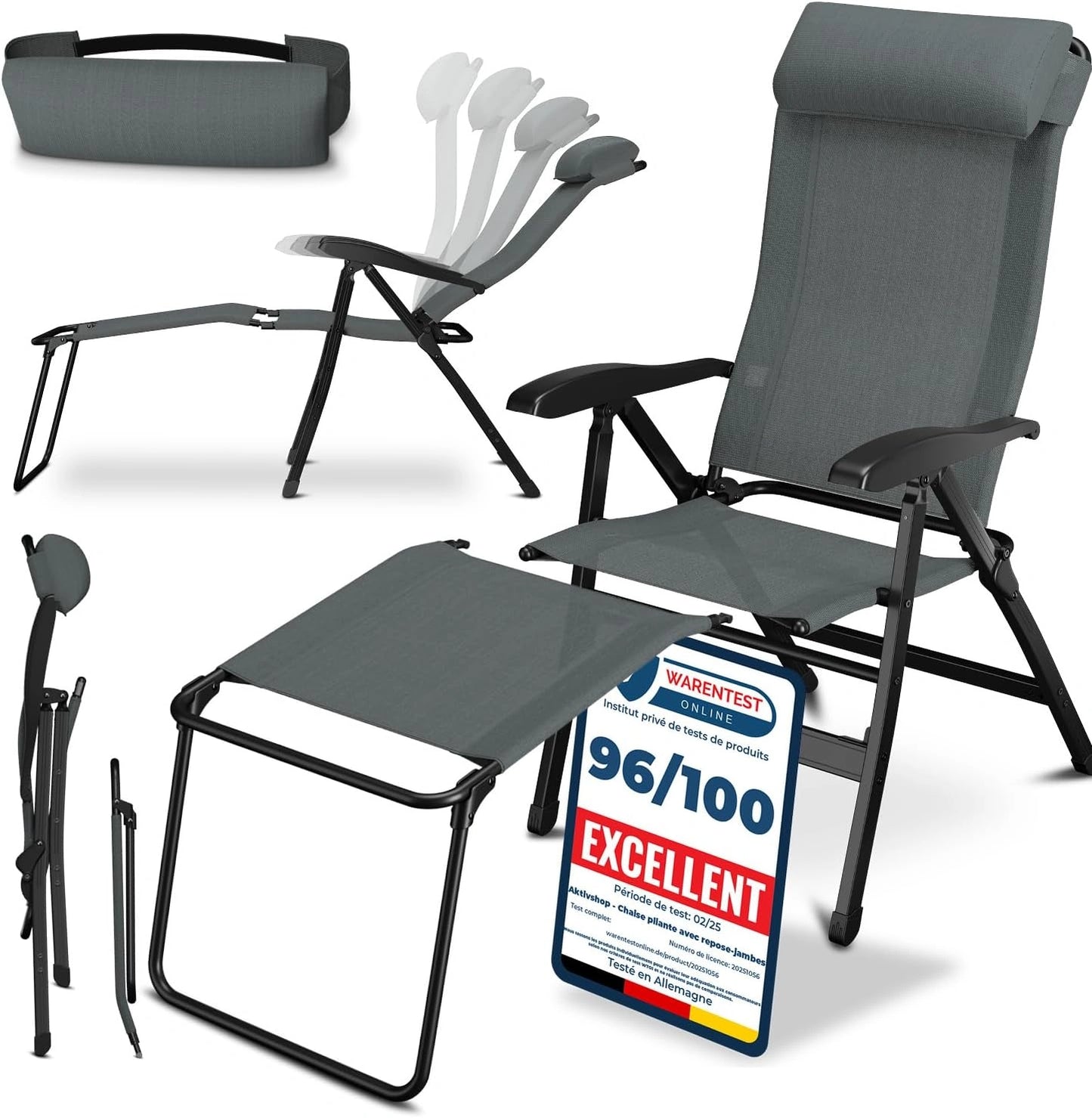 Chaise de Jardin Pliante en Aluminium avec Repose-Pieds et Dossier R¨¦glable - Confort Gris pour Ext¨¦rieur