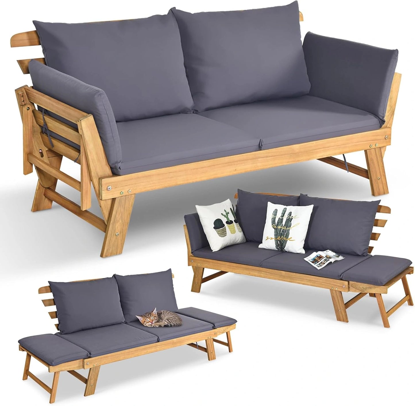 Canap¨¦ Convertible Ext¨¦rieur 2 Places en Acacia avec Coussin, Accoudoir R¨¦glable, Charge 320KG, pour Patio et Jardin (Gris)