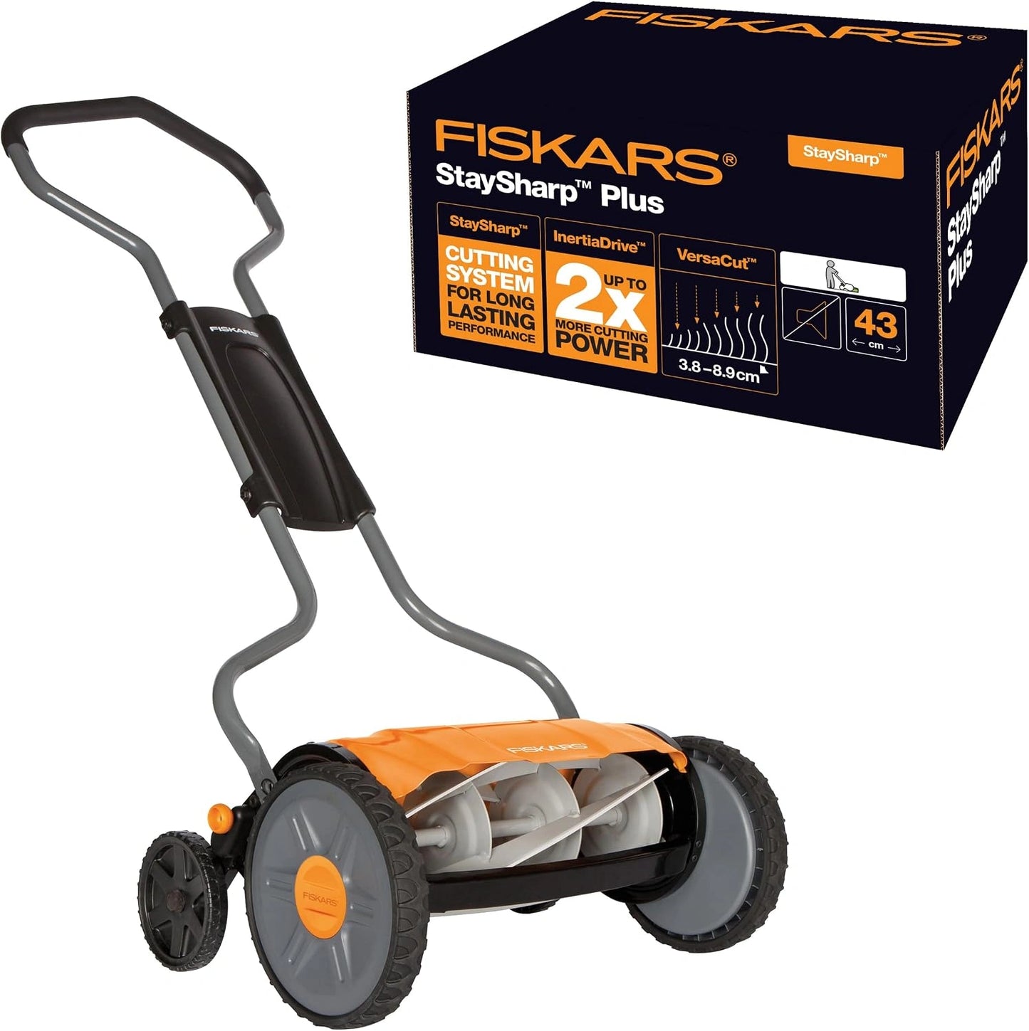 Fiskars Tondeuse Manuelle StaySharp Plus, Largeur 43 cm, Syst¨¨me de Coupe sans Frotement, Noir/Orange/Argent