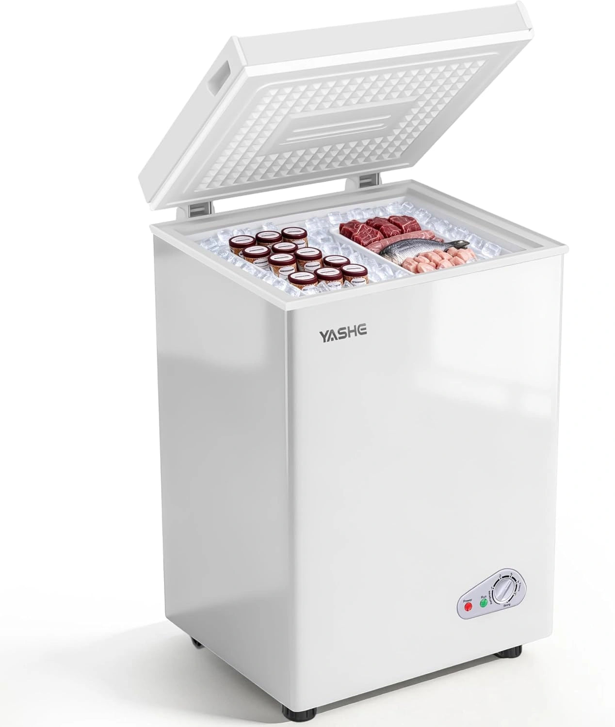 Cong¨¦lateur coffre 100L YASHE, autonome, 2 paniers amovibles, 6 niveaux de temp¨¦rature, ¨¦co¨¦nerg¨¦tique, silencieux 45 dB, blanc