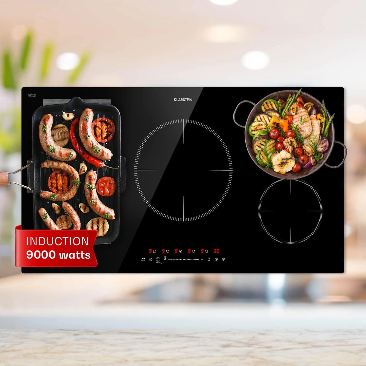 Plaque ¨¤ Induction Klarstein 9000W - 5 Feux, Touches Tactiles, Fonction Boost et S¨¦curit¨¦ Enfant, Pour Cuisine Moderne