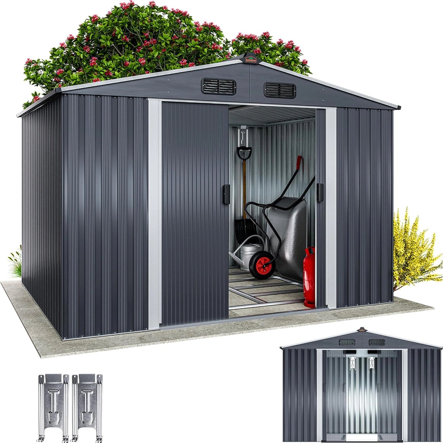 Abri de Jardin M¨¦tallique XXL avec Fondations 260x205x180 cm - Porte Coulissante Anthracite