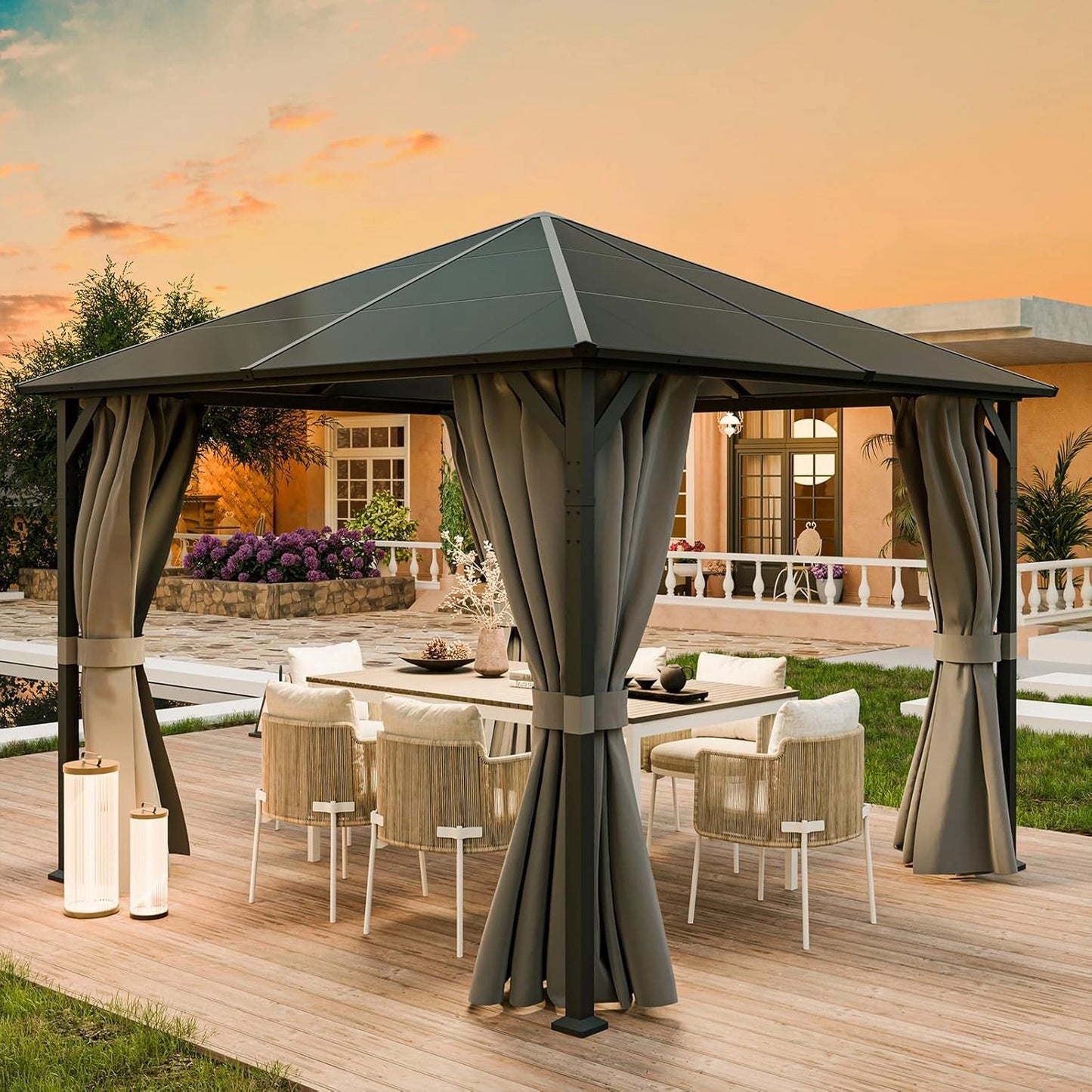 Pavillon de Jardin 3x3m R¨¦sistant ¨¤ l'Eau avec Rideaux - Toit Anti-UV pour Terrasse et Ext¨¦rieur (Gris)