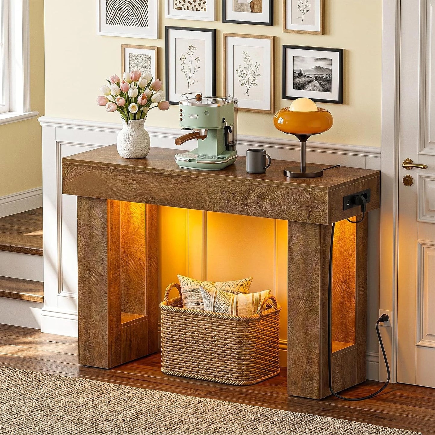 Console d'entr¨¦e en bois avec LED, USB-C et prises, effet ch¨ºne craquel¨¦ - 99 cm