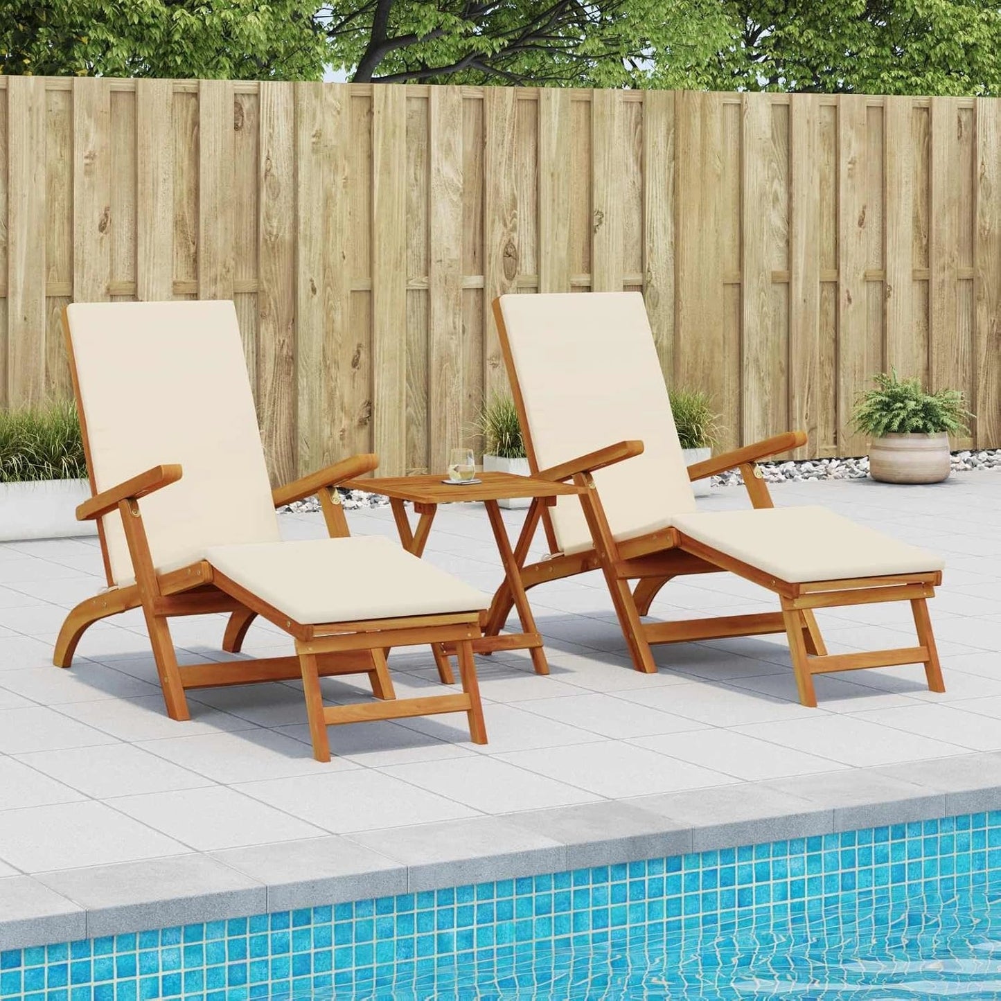 Ensemble de 3 chaises longues en acacia blanc cr¨¨me, pliables et ajustables, 5 positions