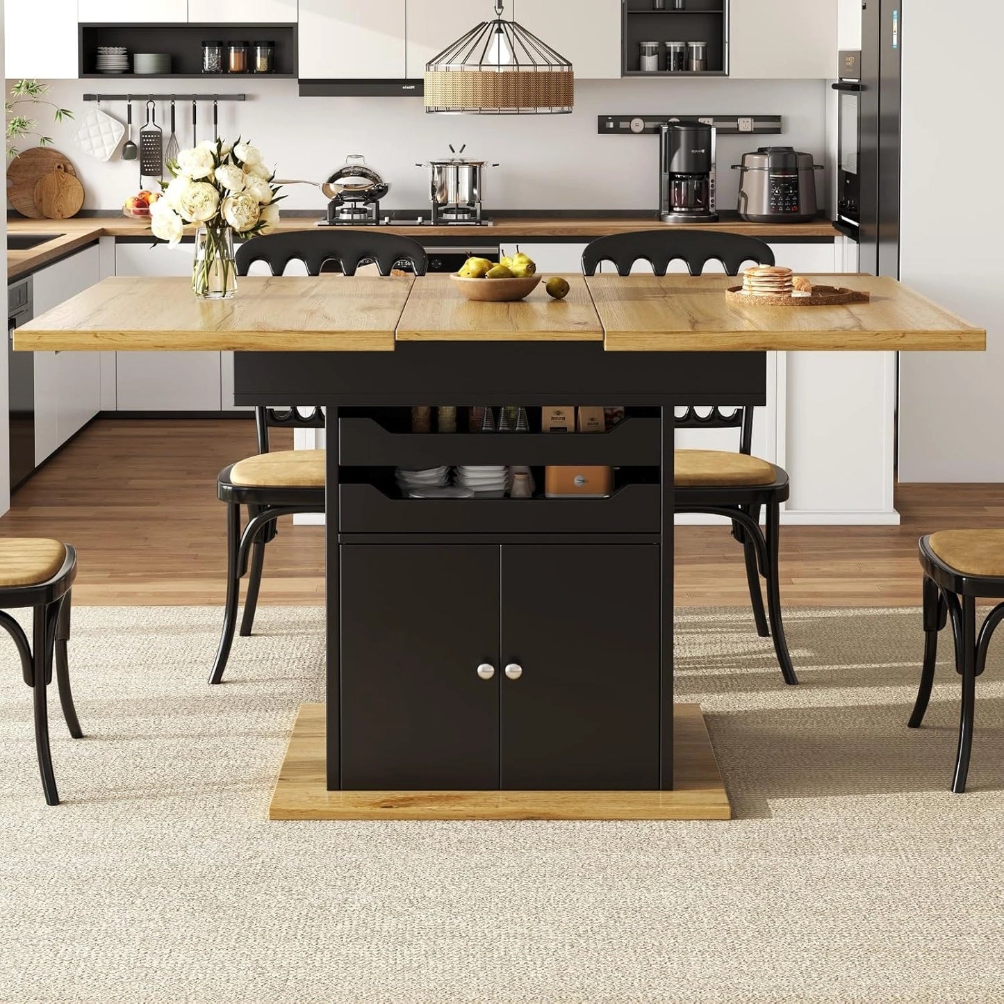 Table ¨¤ Manger Extensible pour 4 ¨¤ 6 Personnes, Rangement Int¨¦gr¨¦, Tiroirs Soft-Close, Design Compact, 110-140x80 cm, Noir