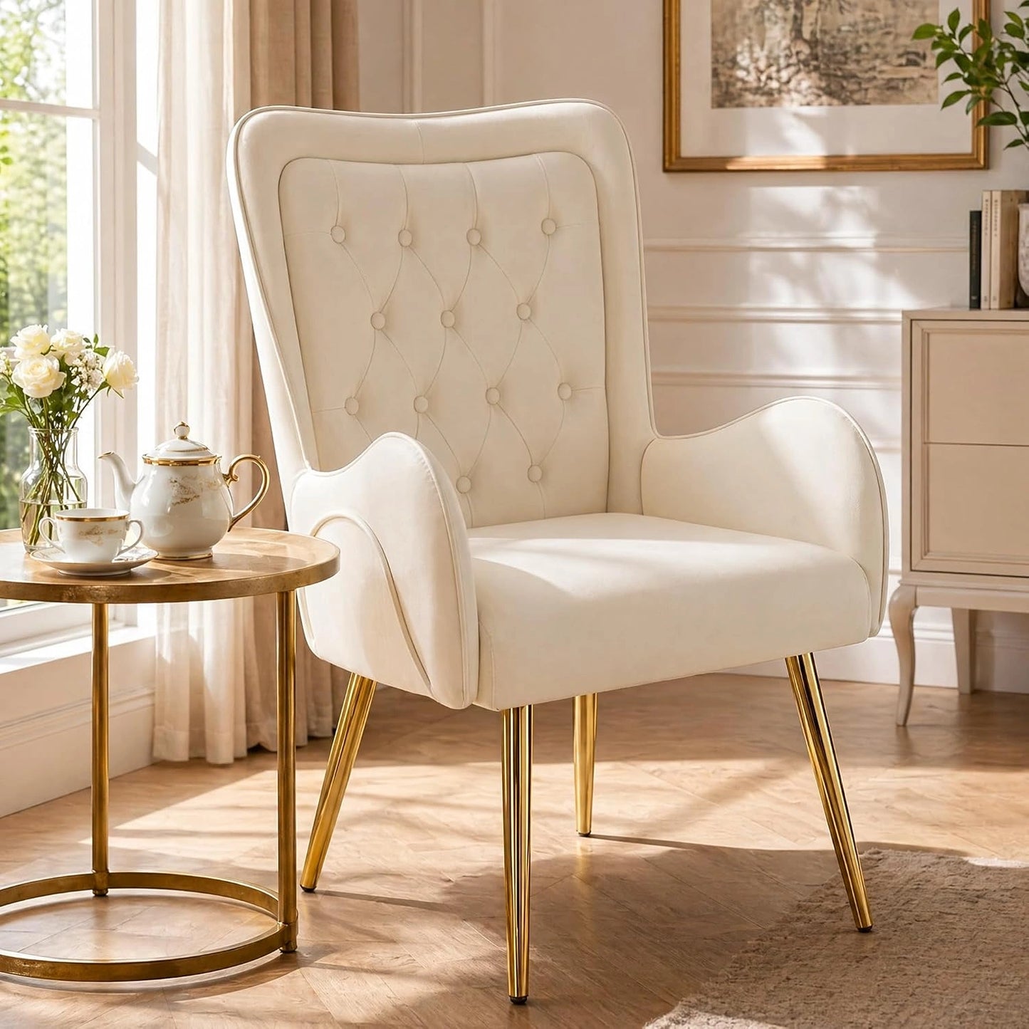 Fauteuil Scandinave en Cuir avec Dossier Double, Bois Massif et Pieds Dor¨¦s