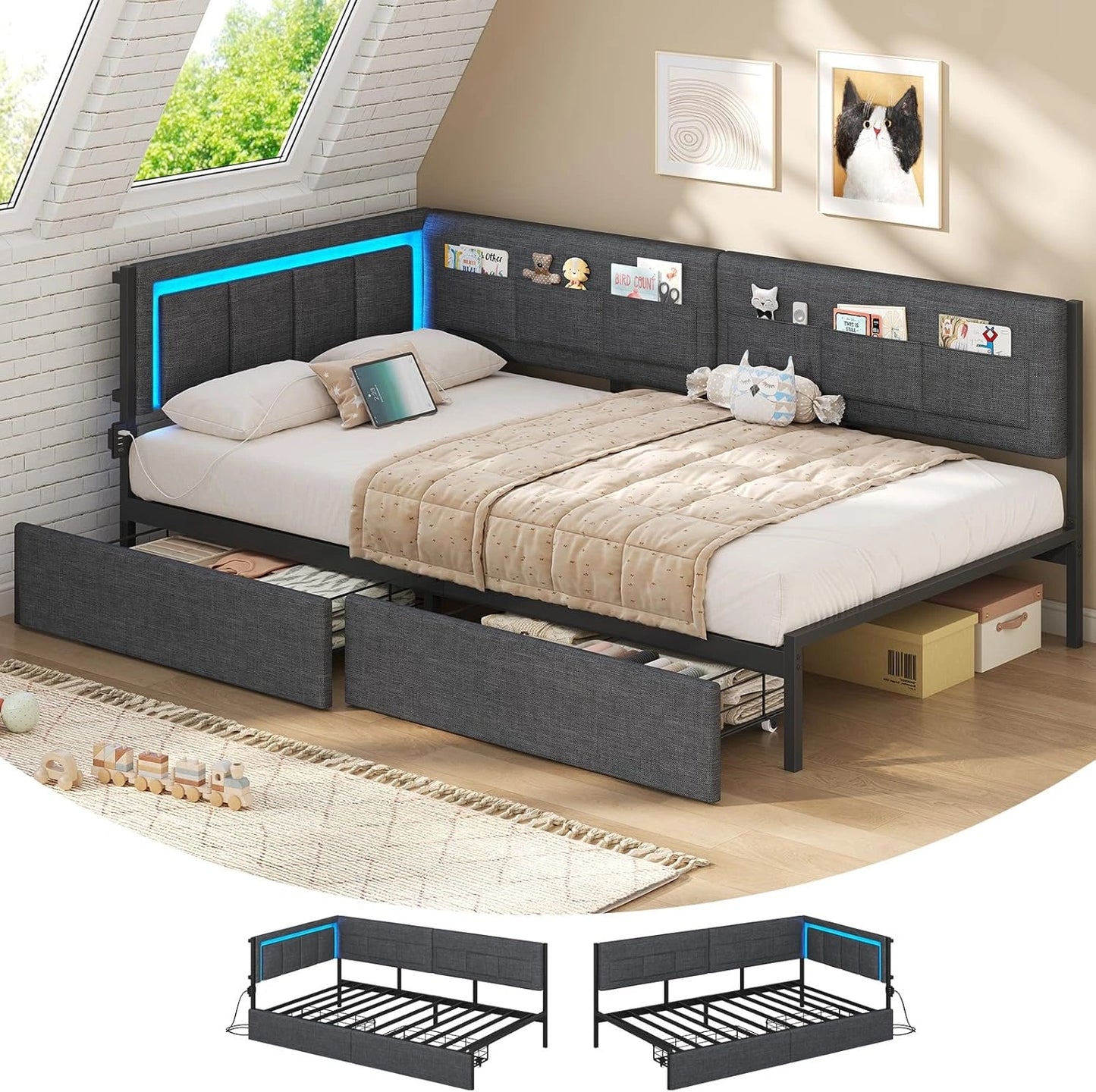 Banquette Lit 90x190 avec LED et Rangement, Cadre M¨¦tallique avec Sommier ¨¤ Lattes, Lit Enfant avec Tiroirs, Gris