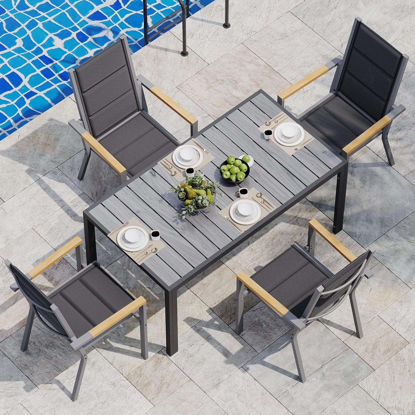 Ensemble de Jardin JUMMICO avec Table en Aluminium et 4 Fauteuils Empilables, Gris ¨C R¨¦sistant et Facile ¨¤ Nettoyer pour Terrasse et Balcon