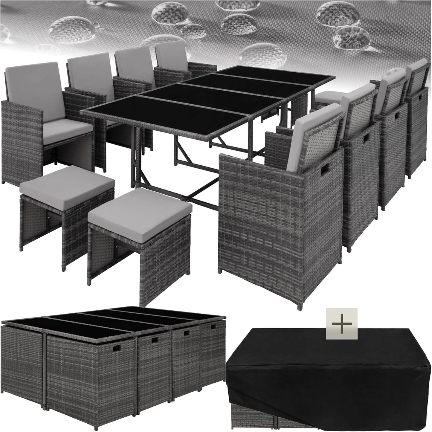 Ensemble de Salle ¨¤ Manger d'Ext¨¦rieur en R¨¦sine Tress¨¦e avec Chaises et Tabourets - Gris