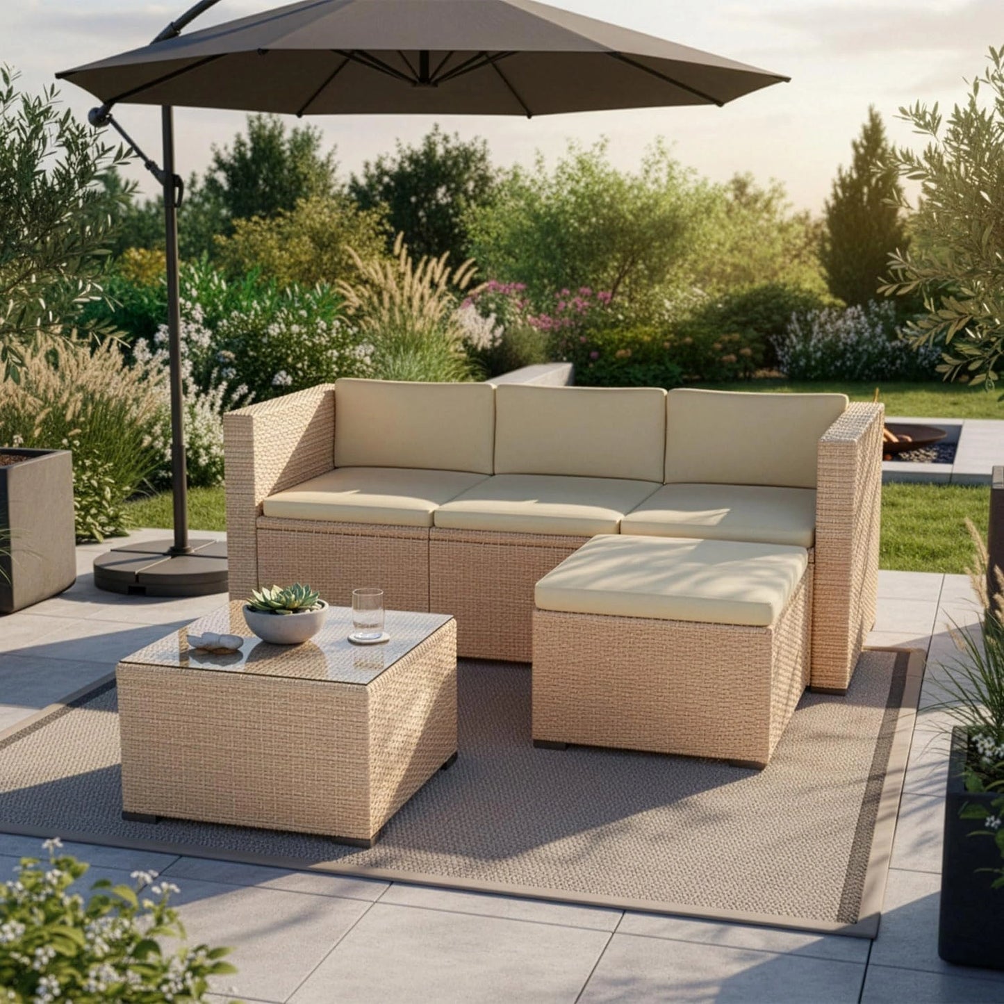 Ensemble de Jardin en R¨¦sine Tress¨¦e, Punta Cana M - Canap¨¦, Tabouret, Table & Coussins - R¨¦sistant aux Intemp¨¦ries - Pour 3 ¨¤ 4 Personnes - Cr¨¨me/Sable