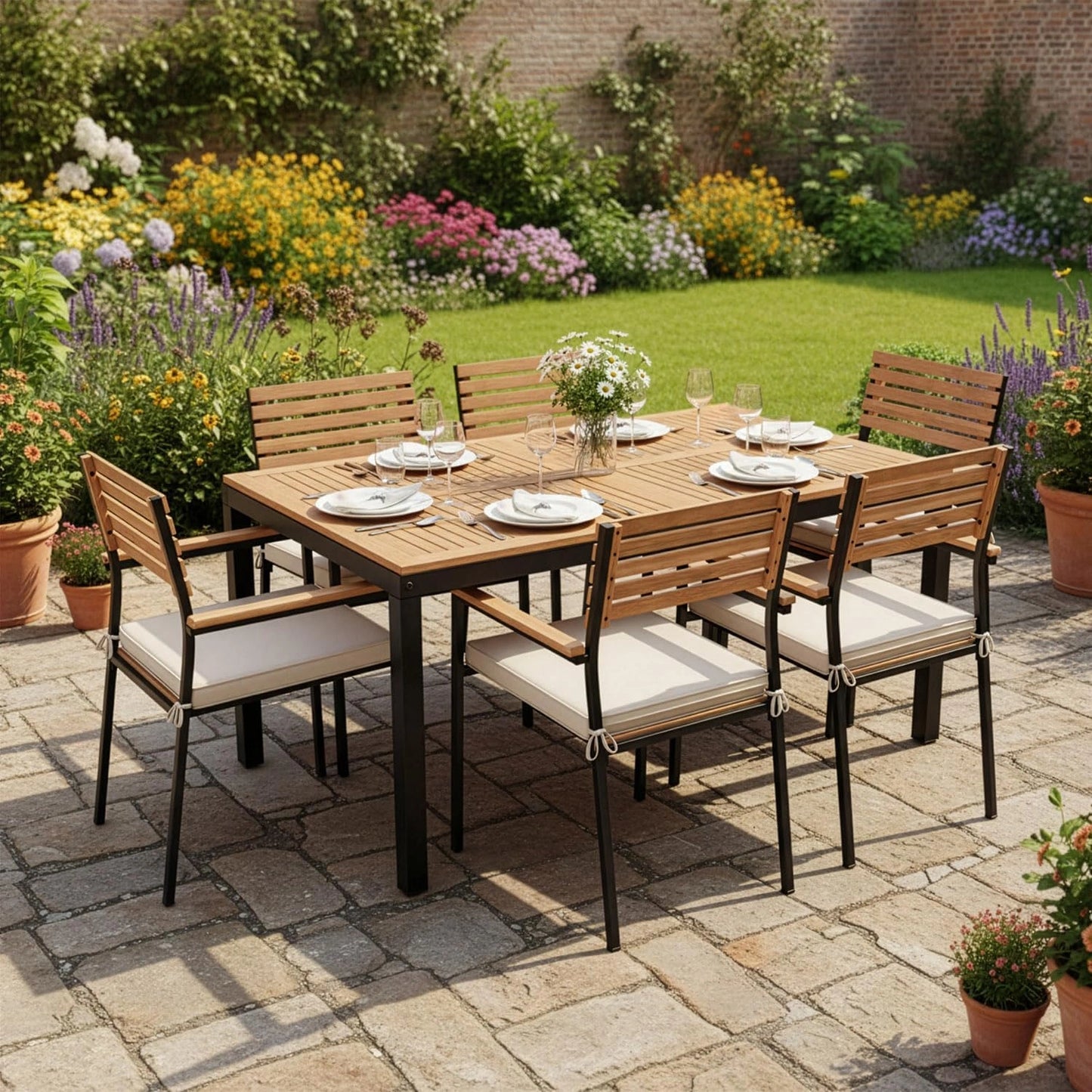 Ensemble de Jardin en Acacia Rhodos - Table avec 6 Chaises et Coussins - Mobilier d'Ext¨¦rieur ¨¦l¨¦gant en Bois