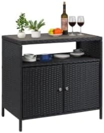 Buffet Zstar en R¨¦sine Tress¨¦e avec Plateau Bois, 2 Portes, ¨¦tag¨¨res - R¨¦sistant aux Intemp¨¦ries pour Terrasse et Piscine - Couleurs Noir et Gris