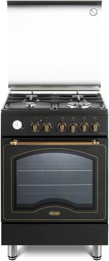 Cuisini¨¨re ¨¤ Gaz De'Longhi 60 cm, Four ¨¦lectrique Multifonction, 4 Br?leurs, Noir