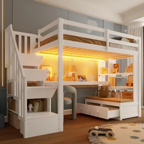 Lit mezzanine multifonctionnel pour enfants 90x200 cm avec bureau et rangements int¨¦gr¨¦s, blanc