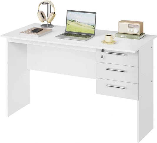 Bureau Moderne avec Rangement, 3 Tiroirs, 120x60x75 cm, Bois Blanc