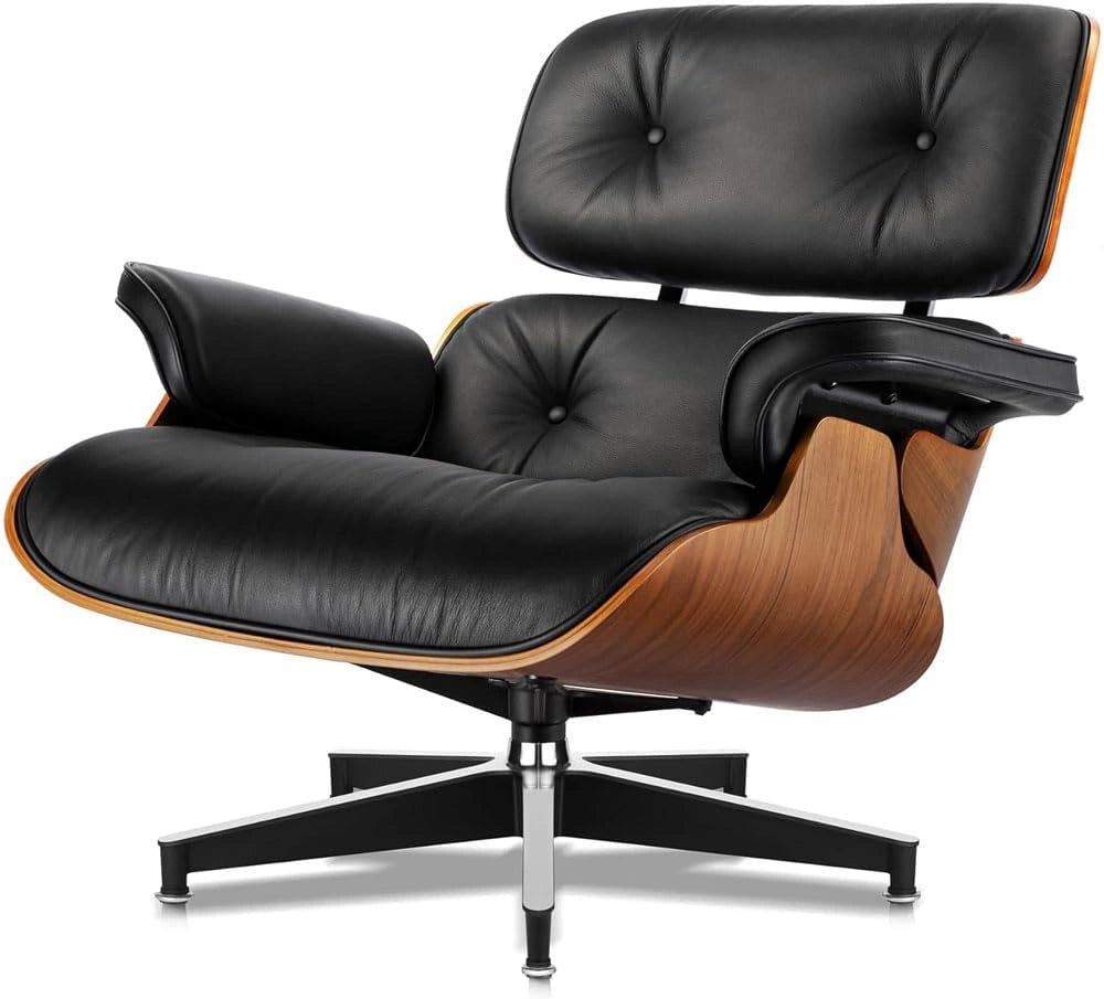 Fauteuil en cuir v¨¦ritable avec repose-t¨ºte ajustable et ottomane, design moderne en bois de noyer