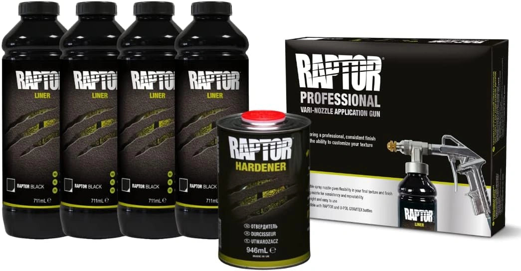Kit de rev¨ºtement protecteur RAPTOR - 4 x 3,79L avec durcisseur, couleur noire + pistolet r¨¦glable professionnel
