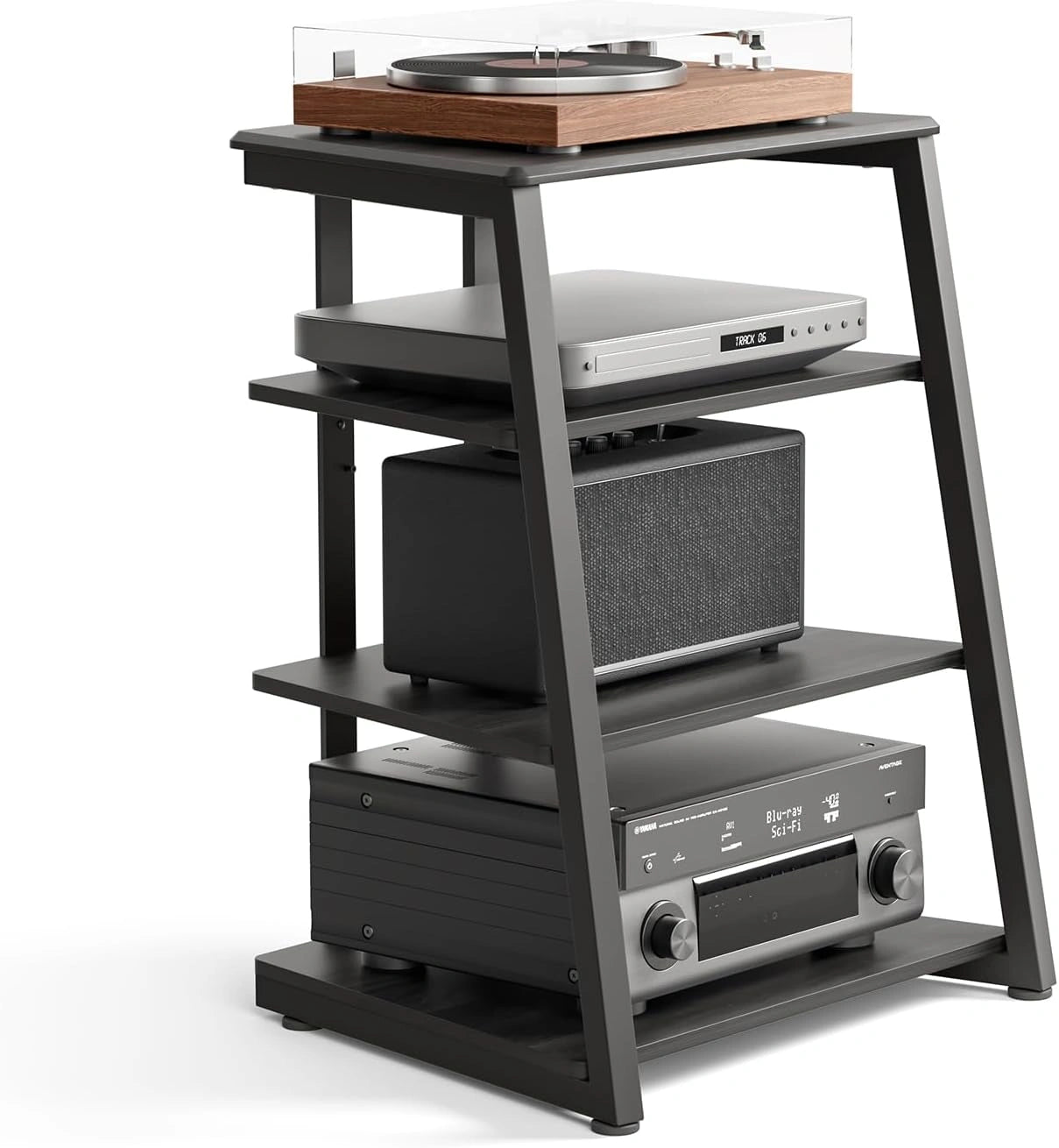 FITUEYES Meuble Audio 4 ¨¦tag¨¨res Bois Acier pour Platine Vinyle Capacit¨¦ 50KG
