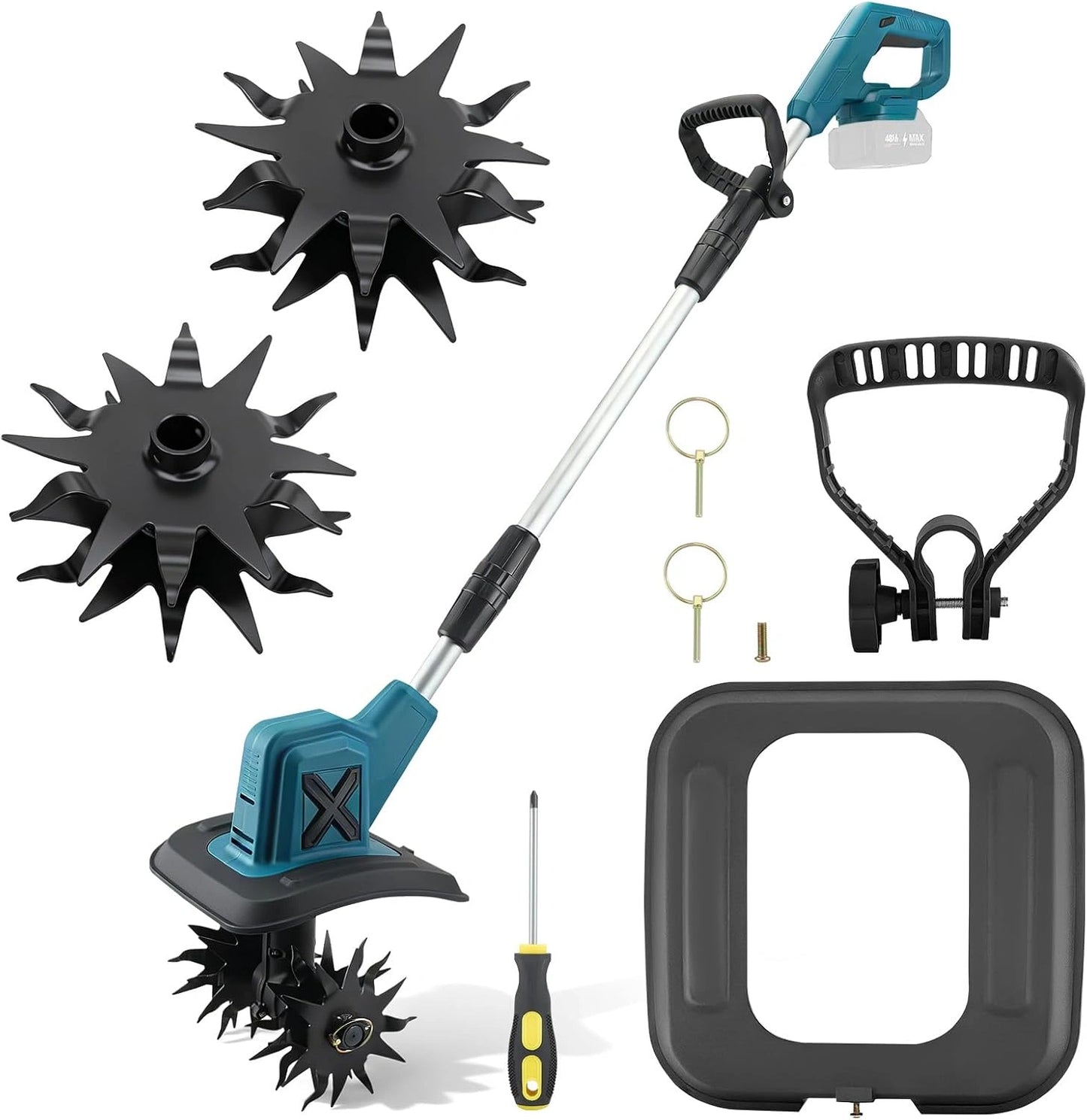 Cultivateur ¨¦lectrique sans Fil 18V, 300 TR/Min, Lames Acier Mangan¨¨se, 15cm de Profondeur, 20cm de Largeur, Parfait pour Jardinage