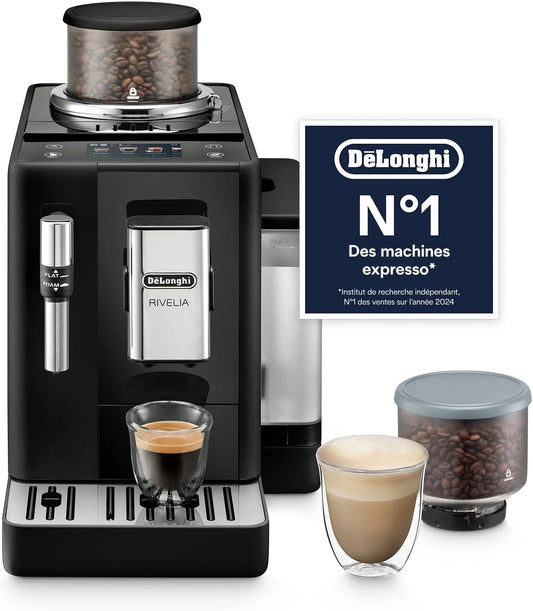 Machine ¨¤ Caf¨¦ Automatique De¡¯Longhi Rivelia avec Mousseur, 8 Boissons Pr¨¦programm¨¦es, ¨¦cran Tactile, R¨¦servoir de Grains Interchangeable, Noire