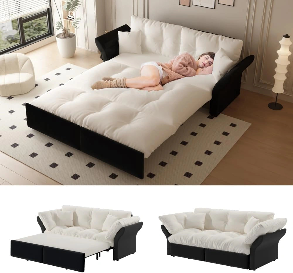 Canap¨¦-Lit Gigogne 190 cm Convertible 3 en 1 en Velours Beige avec Capitonnage et Coussins