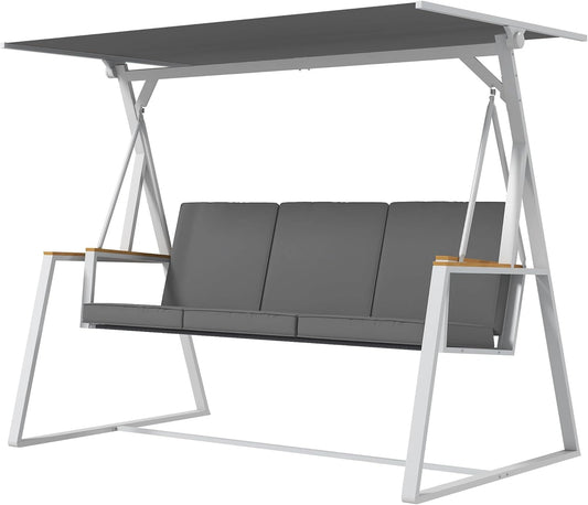 Balancelle de Jardin 3 Places Ajustable avec Matelas, Cadre en Acier, 205 x 130 x 175 cm, Gris