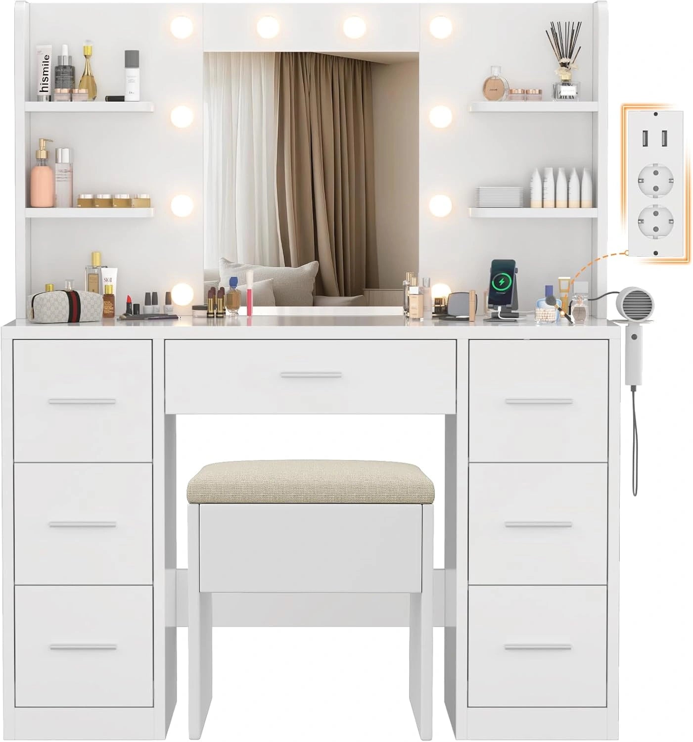 Coiffeuse Moderne Blanc avec LED, Miroir, Tabouret, 7 Tiroirs et 4 ¨¦tag¨¨res - Devoko