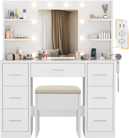 Coiffeuse Moderne Blanc avec LED, Miroir, Tabouret, 7 Tiroirs et 4 ¨¦tag¨¨res - Devoko