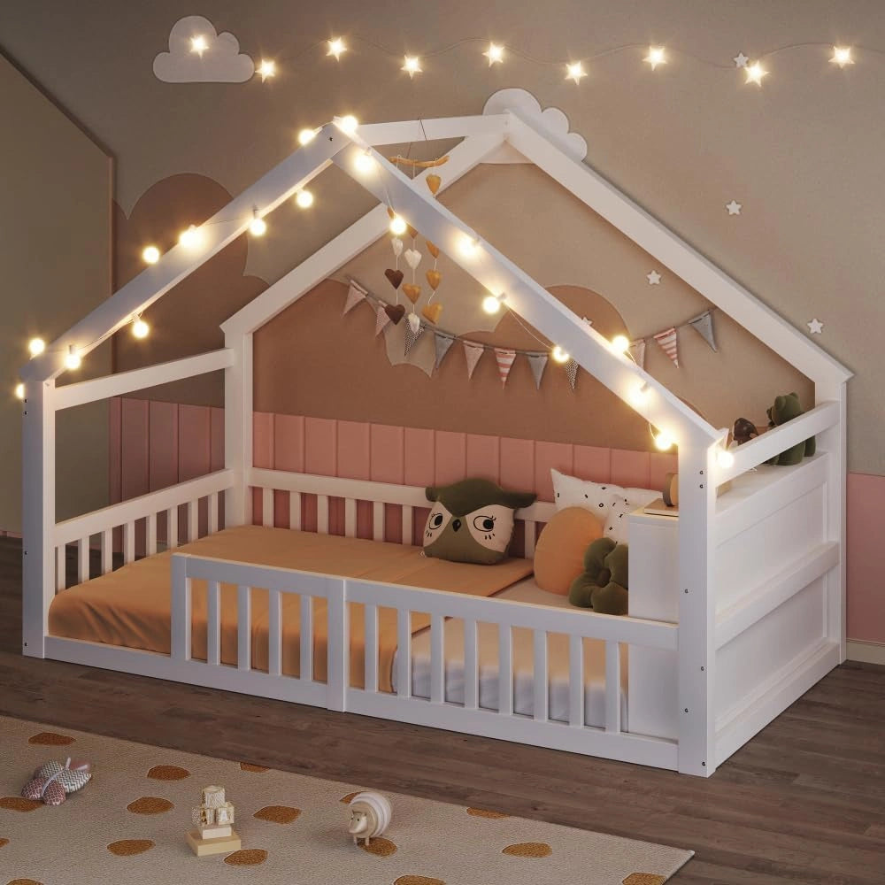 Lit Cabane Enfant 90x190 en Pin Massif avec Barri¨¨re de S¨¦curit¨¦, Design Minimaliste Blanc