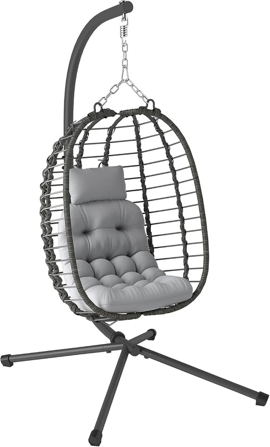 Chaise Hamac Suspendue Pliable en R¨¦sine Tress¨¦e avec Support et Coussin, Cadre en Acier pour Int¨¦rieur et Ext¨¦rieur, Gris
