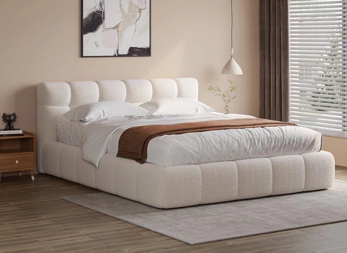 Lit Coffre en Tissu Bouclette ¨¦cru 140x190 cm - Mod¨¨le Georgina