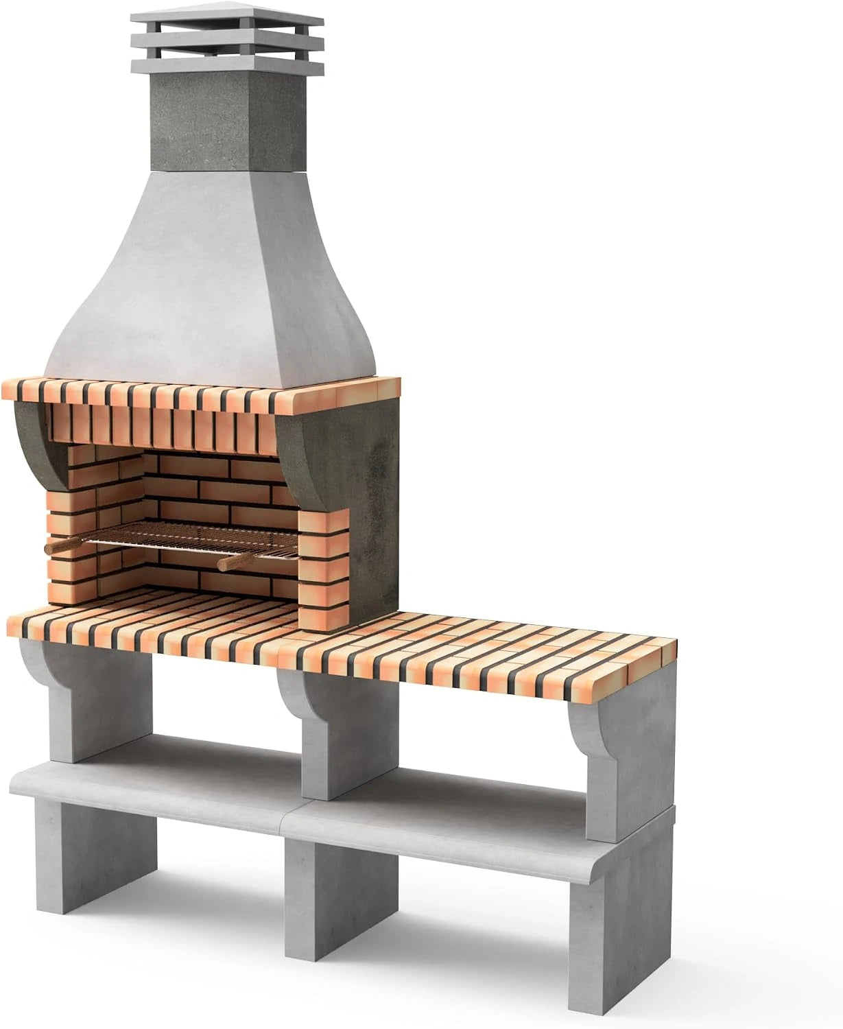 Barbecue en b¨¦ton r¨¦fractaire Maipu XL avec support lat¨¦ral - Gris/Orange, 165x58x245 cm - Double grille pour cuisine ext¨¦rieure