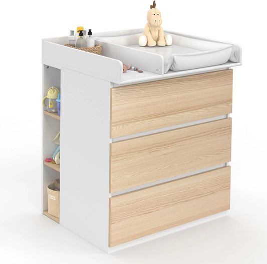 Table ¨¤ Langer ¨¦volutive Ambre avec Commode 3 Tiroirs et ¨¦tag¨¨res Amovibles - Finition H¨ºtre et Blanc