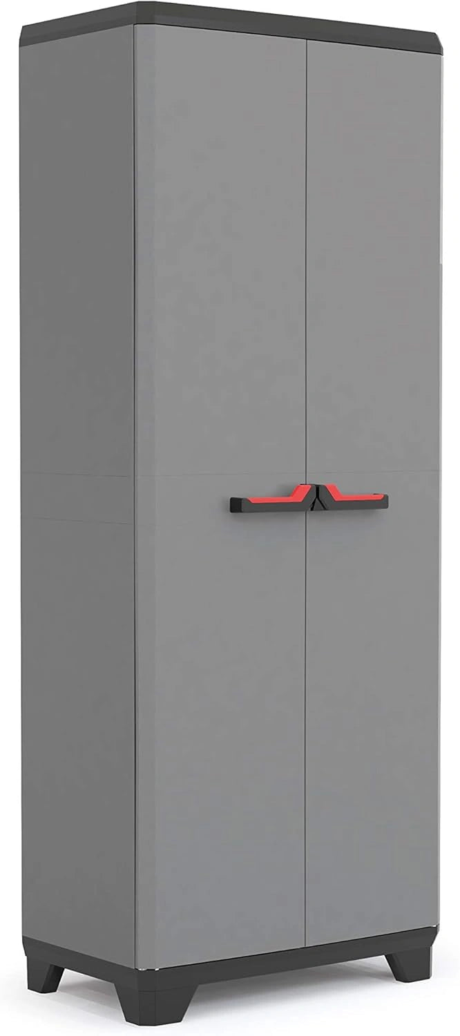 Armoire de Rangement Multifonction en R¨¦sine - ¨¦tag¨¨res R¨¦glables et Pieds Ajustables - Poign¨¦e Confortable - Pour Cuisine, Garage et Atelier - 68x39x173 cm - Gris/Noir/Rouge